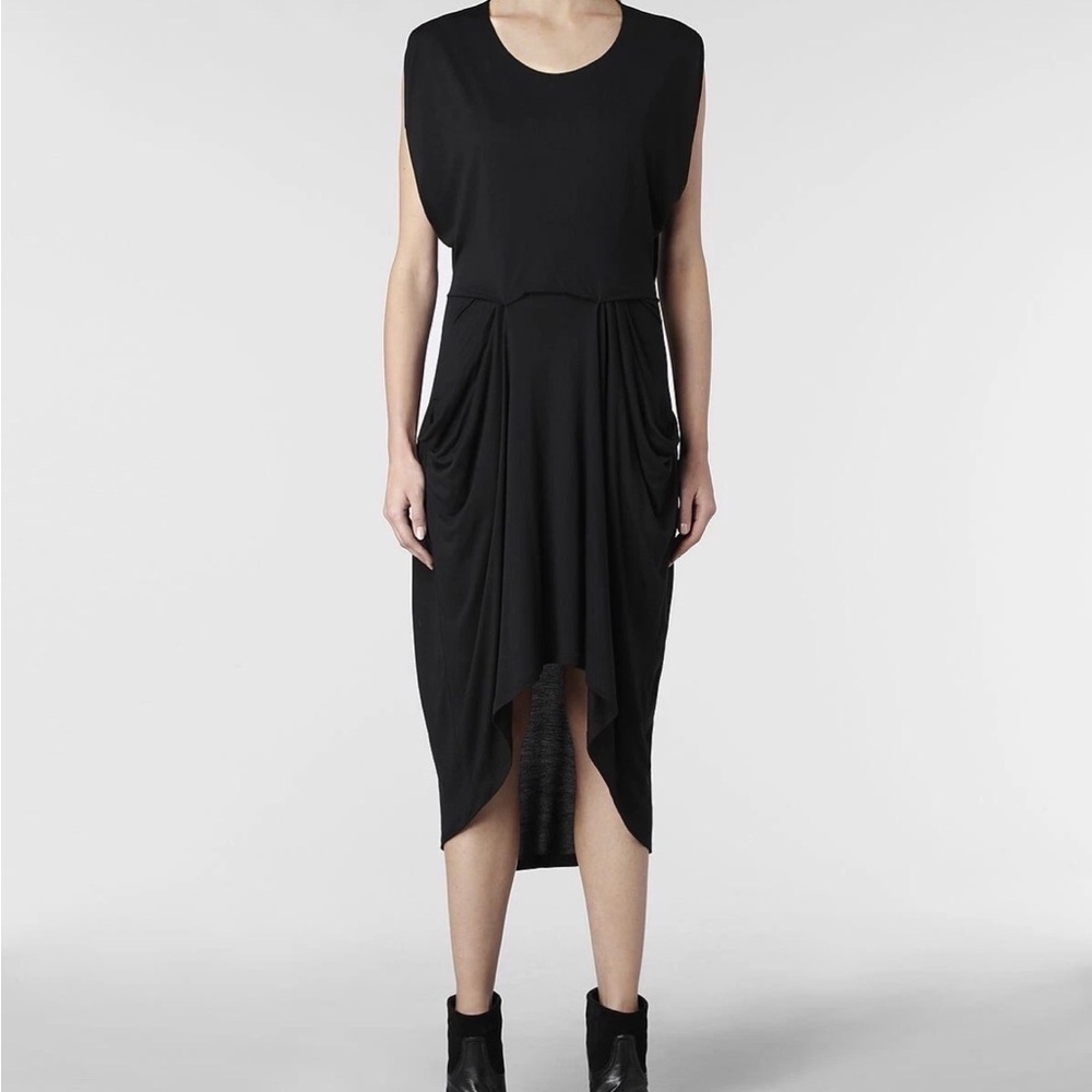All Saints ‘Zoe Yunao’ Black Dress Sz 2 draped Pockets Lagenlook XS